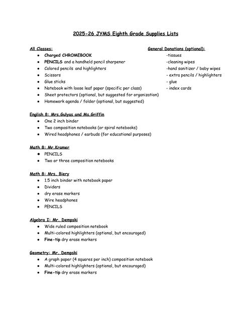 8th Grade Supplies 1